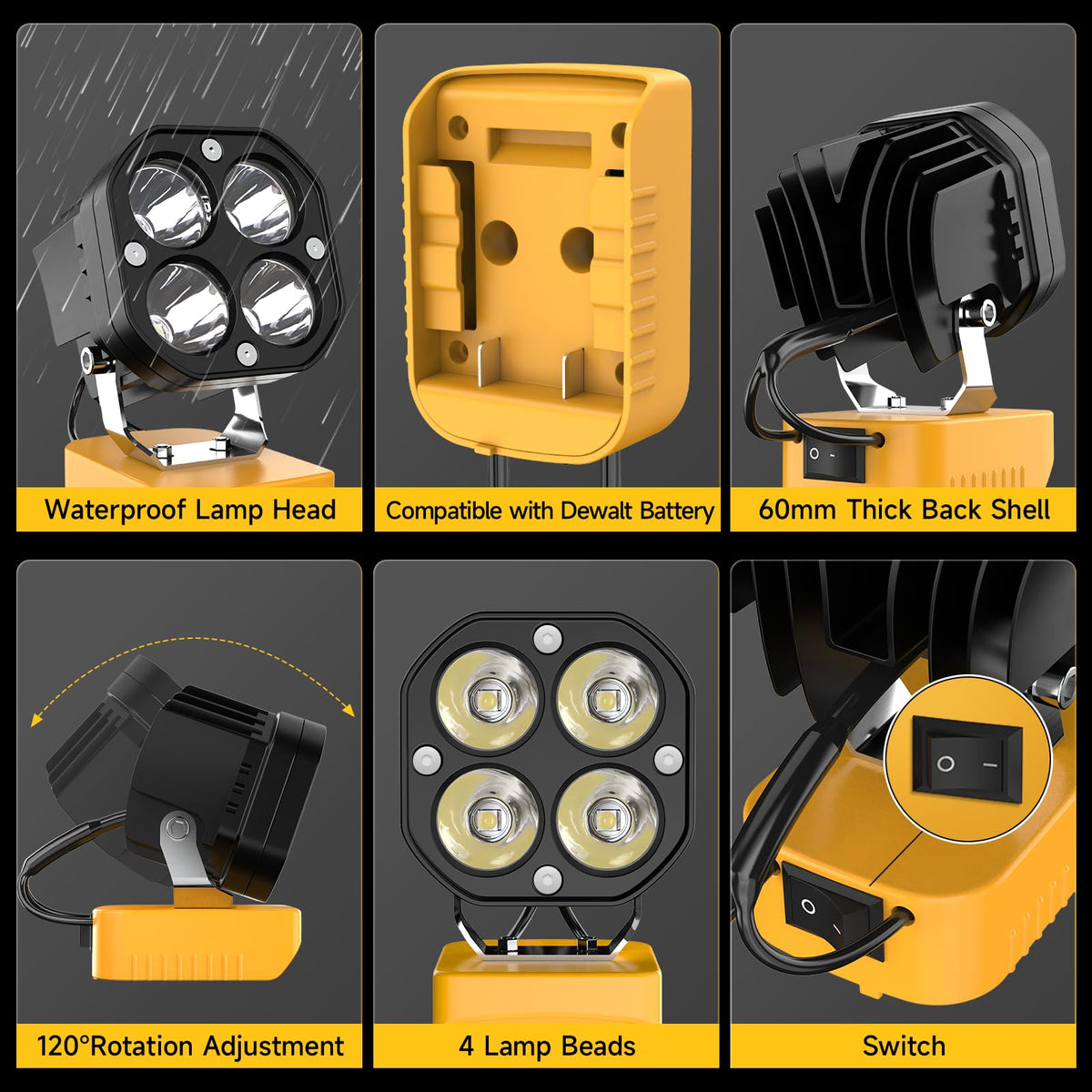 Azocek LED Work Light – Dewalt 20V Compatible, 6000 Lumens, 40W, 120° Adjustable