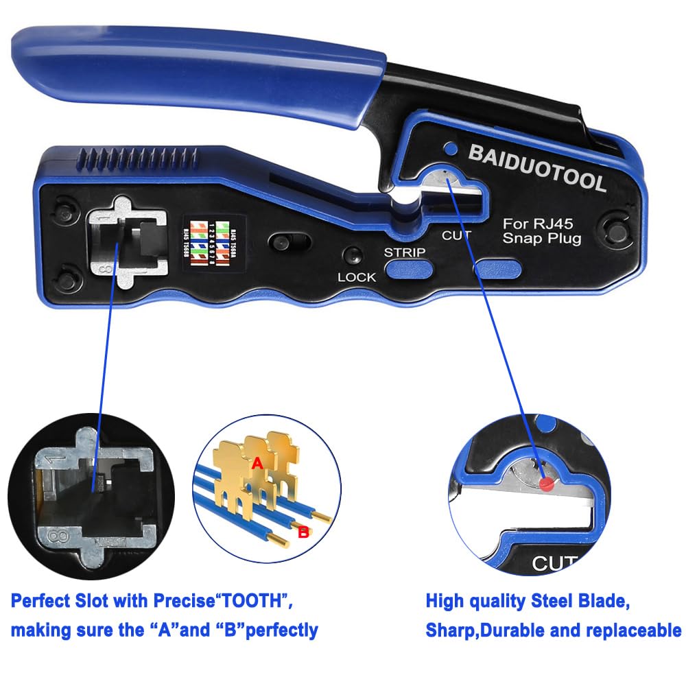 BAIDUOTOOL RJ45 Crimp Tool Kit – Pass-Through & All-In-One Ethernet Crimper with Tester