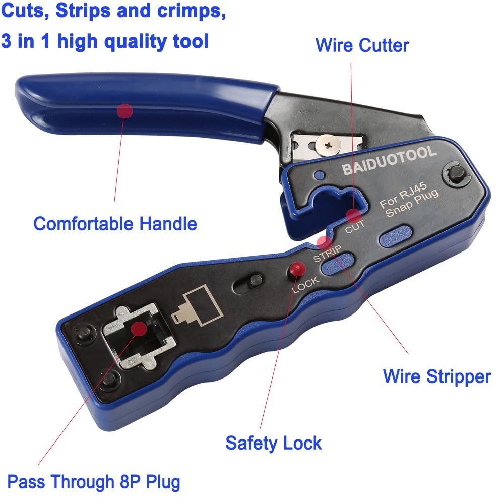 BAIDUOTOOL RJ45 Crimp Tool Kit – Pass-Through & All-In-One Ethernet Crimper with Tester