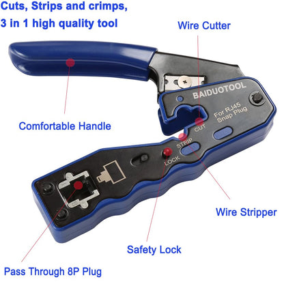 BAIDUOTOOL RJ45 Crimp Tool Kit – Pass-Through & All-In-One Ethernet Crimper with Tester