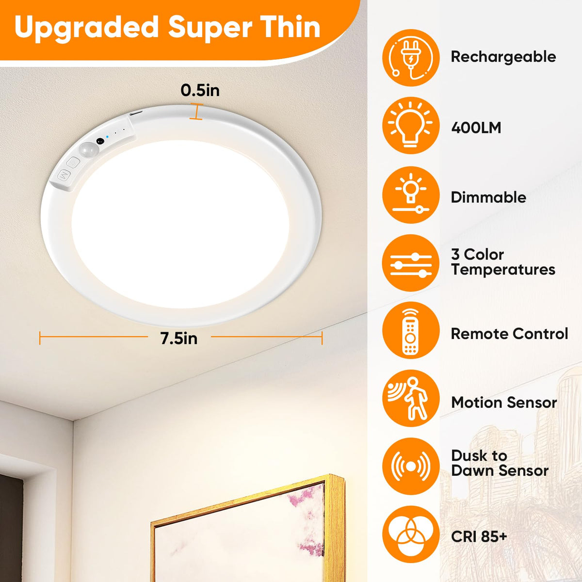 Bairth Rechargeable Motion Sensor Ceiling Light with Remote – Wireless LED, 3 Color Temps, Ultra-Thin 0.5 in
