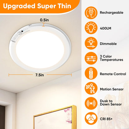 Bairth Rechargeable Motion Sensor Ceiling Light with Remote – Wireless LED, 3 Color Temps, Ultra-Thin 0.5 in