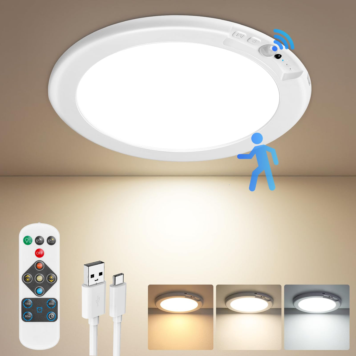 Bairth Rechargeable Motion Sensor Ceiling Light with Remote – Wireless LED, 3 Color Temps, Ultra-Thin 0.5 in