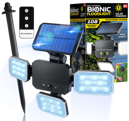 Bell+Howell Bionic Flood Light ASON TV – Solar Outdoor LED, 108 COB-LED, 50% Brighter, Motion Sensor