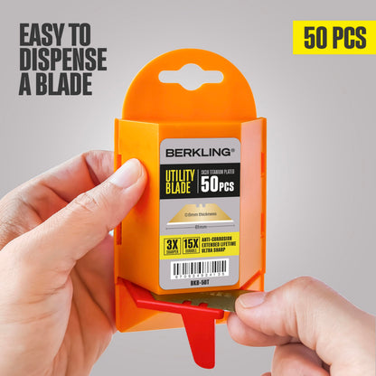 Berkling 50-Pack Titanium-Plated Utility Knife Blades with Dispenser — SK2H Laser-Sharp, T-Shape Refills