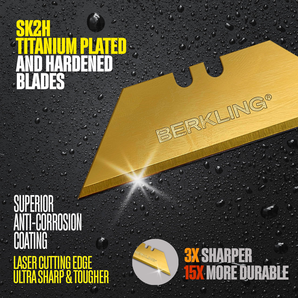 Berkling 50-Pack Titanium-Plated Utility Knife Blades with Dispenser — SK2H Laser-Sharp, T-Shape Refills