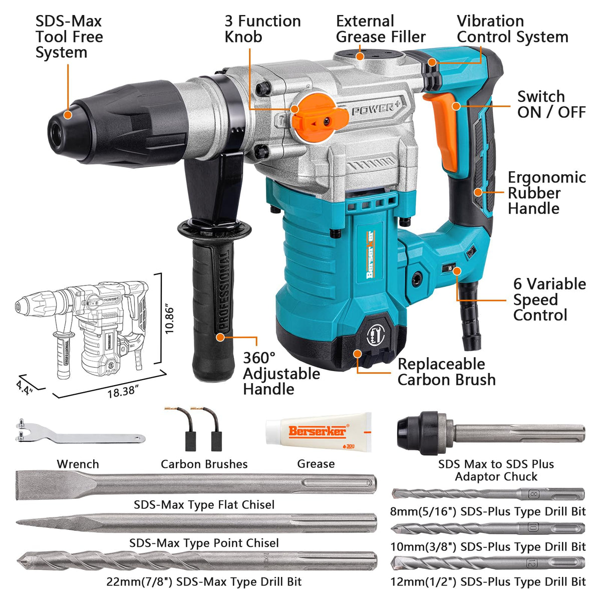 Berserker 1-9/16 SDS-Max Heavy Duty Rotary Hammer Drill – 13 Amp, 3 Modes, Vibration Control