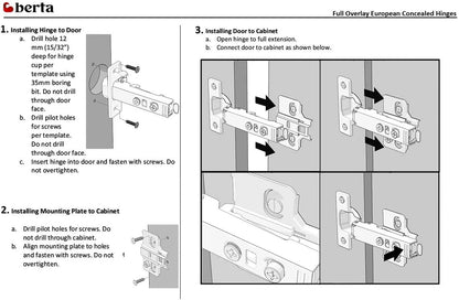 Berta 10-Pack Full Overlay Frameless Soft-Close European Hinges – 110° 3D Adjustable, Clip-On Concealed Hinges with Screws