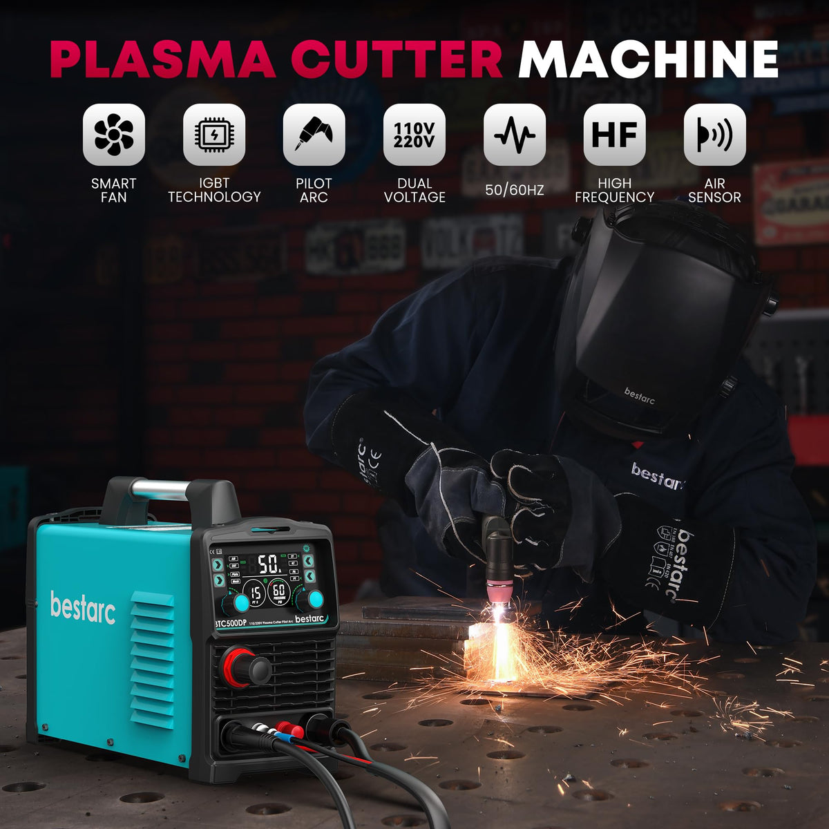 Bestarc Pilot Arc Plasma Cutter 50A – Dual Voltage 110/220V, LED Display, Air Sensor