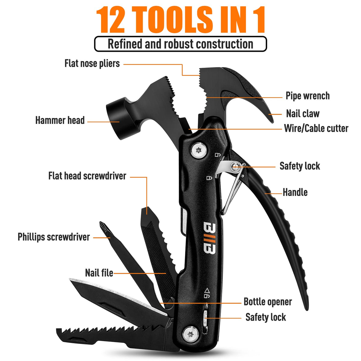 BIIB 12-in-1 Hammer Multitool — Fathers Day Gift for Dad, Husband, Outdoors Enthusiast