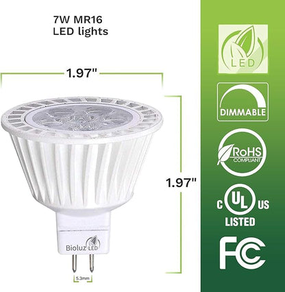 Bioluz LED 5 Pack MR16 7W Dimmable Bulbs 3000K | 12V, UL Listed