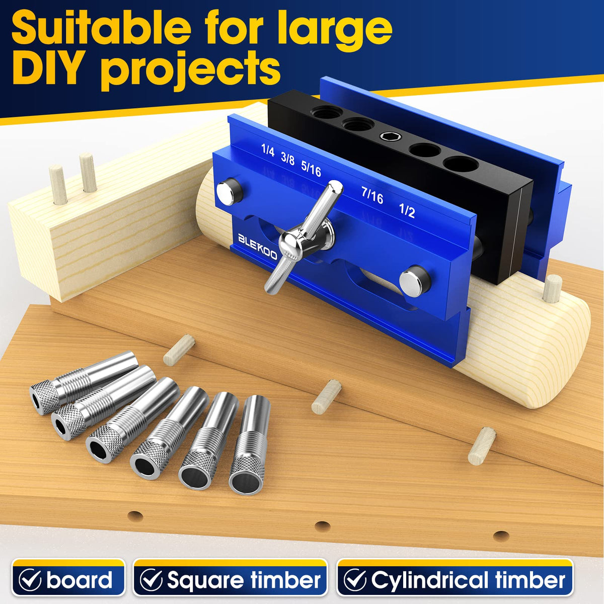 BLEKOO Self Centering Doweling Jig Kit – Precision Drill Guide with 6 Bushings
