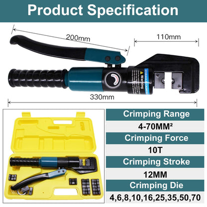 BLIKA 10 Ton Hydraulic Crimping Tool & Cable Cutter – 11 Dies, 1/8"–2/0" Wires