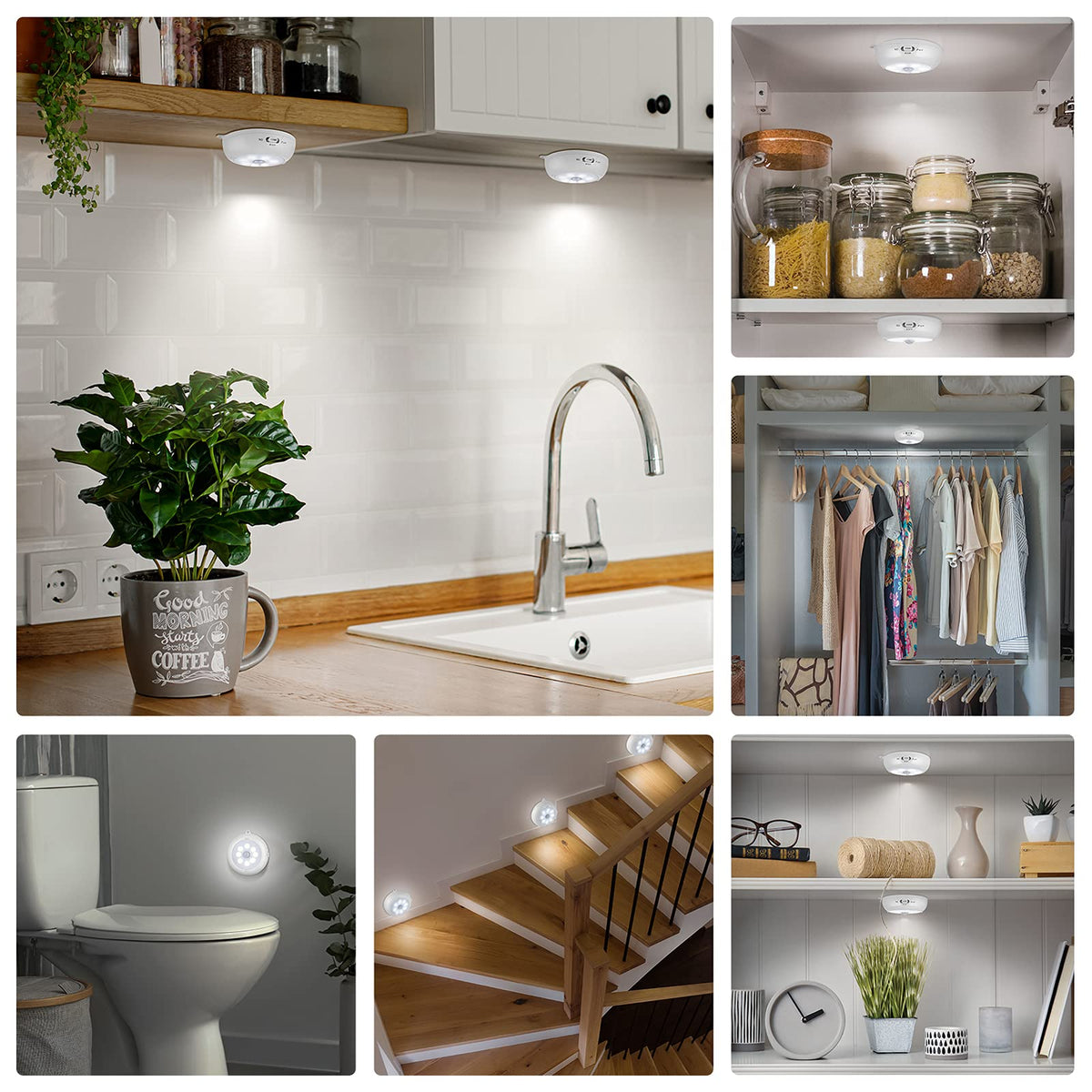 BLS Motion Sensor Light Indoor — Wireless Dimmable Battery Puck Lights 6-Pack for Under Cabinet