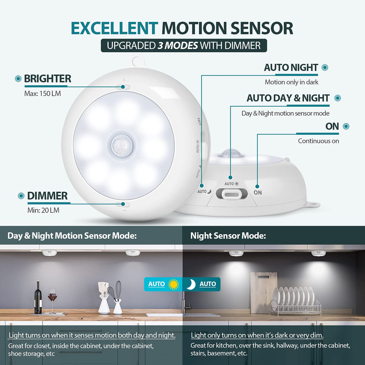 BLS Motion Sensor Light Indoor — Wireless Dimmable Battery Puck Lights 6-Pack for Under Cabinet