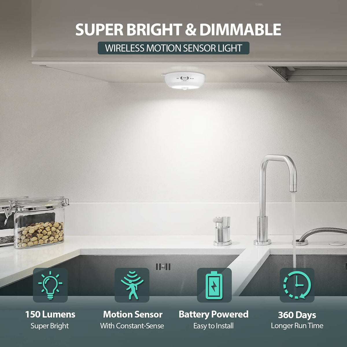 BLS Motion Sensor Light Indoor — Wireless Dimmable Battery Puck Lights 6-Pack for Under Cabinet