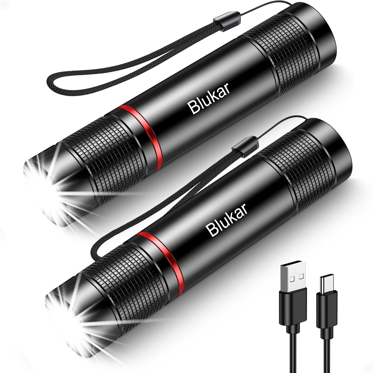 Blukar LED Flashlight 2 Pack – USB Rechargeable, Adjustable Focus, 4 Modes, Waterproof