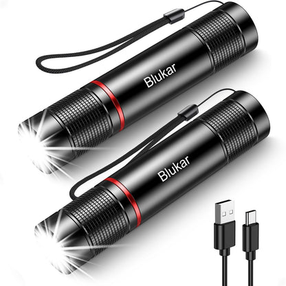Blukar LED Flashlight 2 Pack – USB Rechargeable, Adjustable Focus, 4 Modes, Waterproof