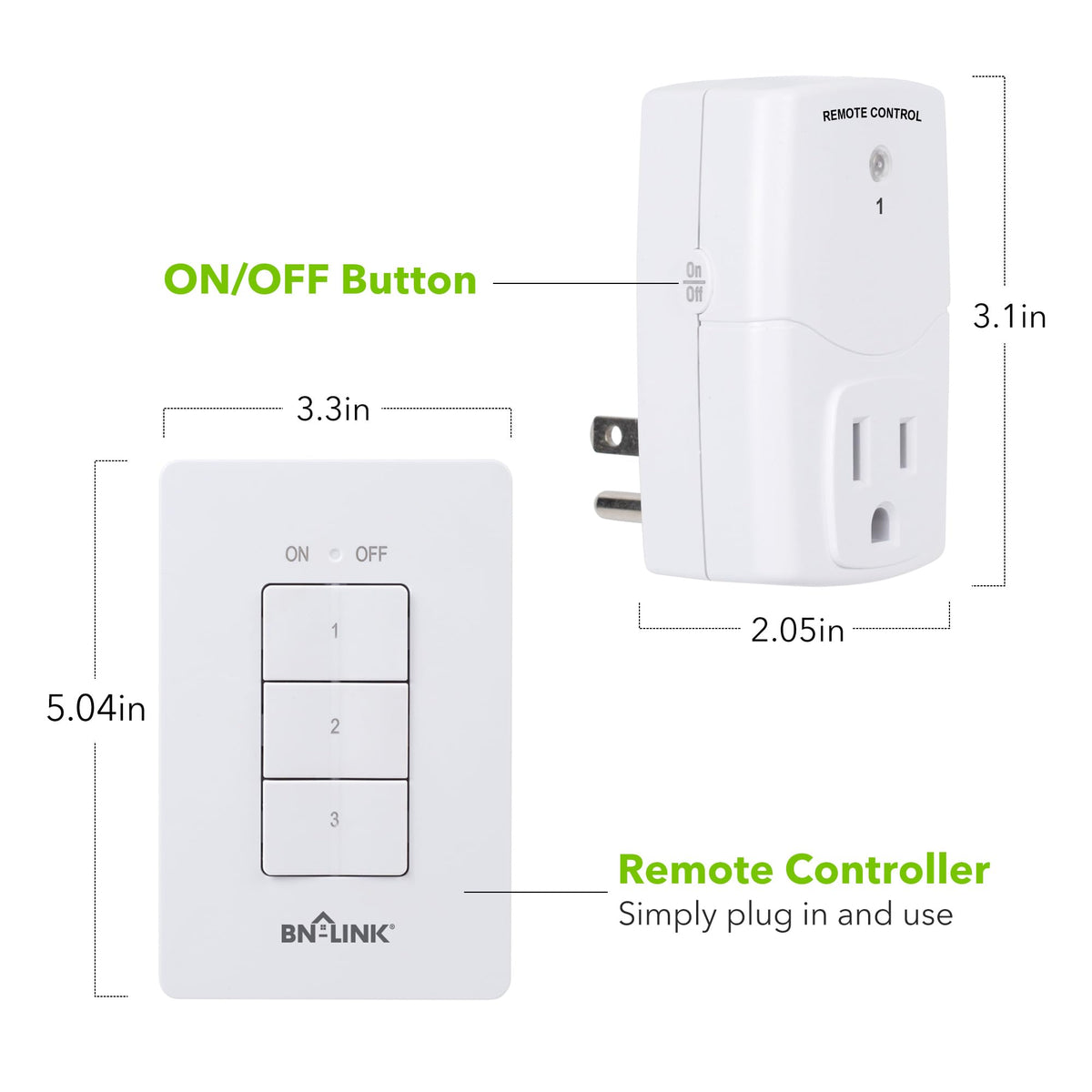 BN-LINK Mini Wireless Wall-Mount Remote Outlet Switch – 3-Outlet, 125V 10A, White