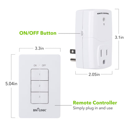 BN-LINK Mini Wireless Wall-Mount Remote Outlet Switch – 3-Outlet, 125V 10A, White