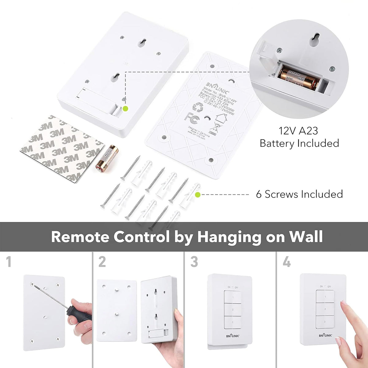 BN-LINK Mini Wireless Wall-Mount Remote Outlet Switch – 3-Outlet, 125V 10A, White