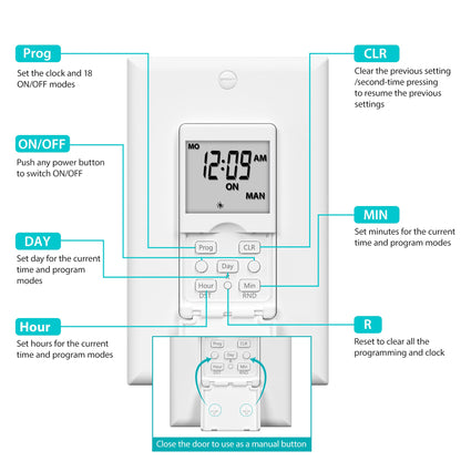 BN-LINK 7-Day Programmable In-Wall Timer Switch – Lights, Single Pole & 3-Way