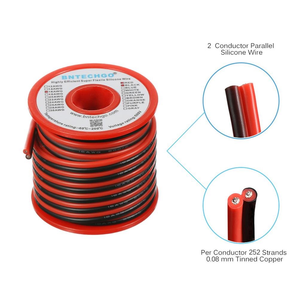 BNTECHGO 16 AWG Silicone Wire, 2-Conductor Parallel, 25ft Red/Black, 600V, 200°C | LED Strip Extension