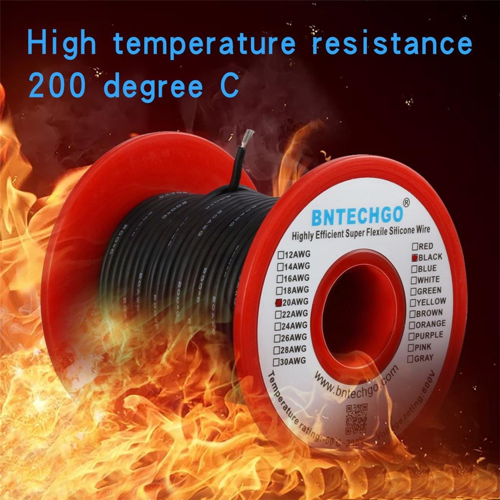 BNTECHGO 20 AWG Silicone Wire Spool — 100 ft Black, Tinned Copper Core