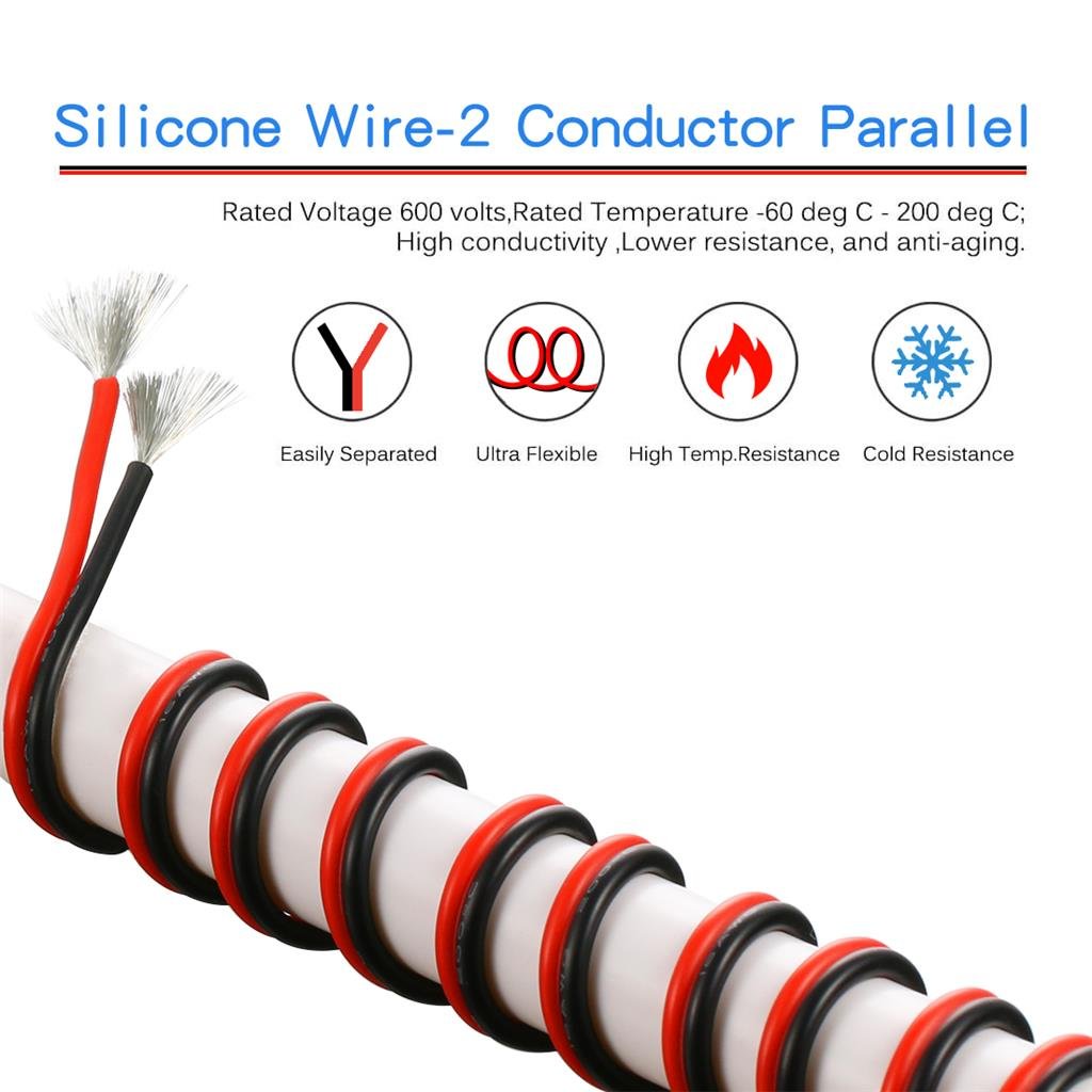 BNTECHGO 16 AWG Silicone Wire, 2-Conductor Parallel, 25ft Red/Black, 600V, 200°C | LED Strip Extension