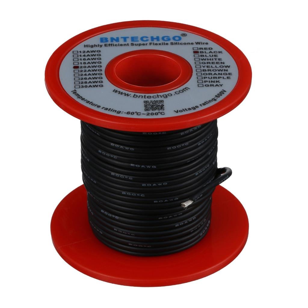 BNTECHGO 20 AWG Silicone Wire Spool — 100 ft Black, Tinned Copper Core