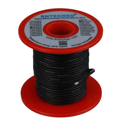 BNTECHGO 20 AWG Silicone Wire Spool — 100 ft Black, Tinned Copper Core