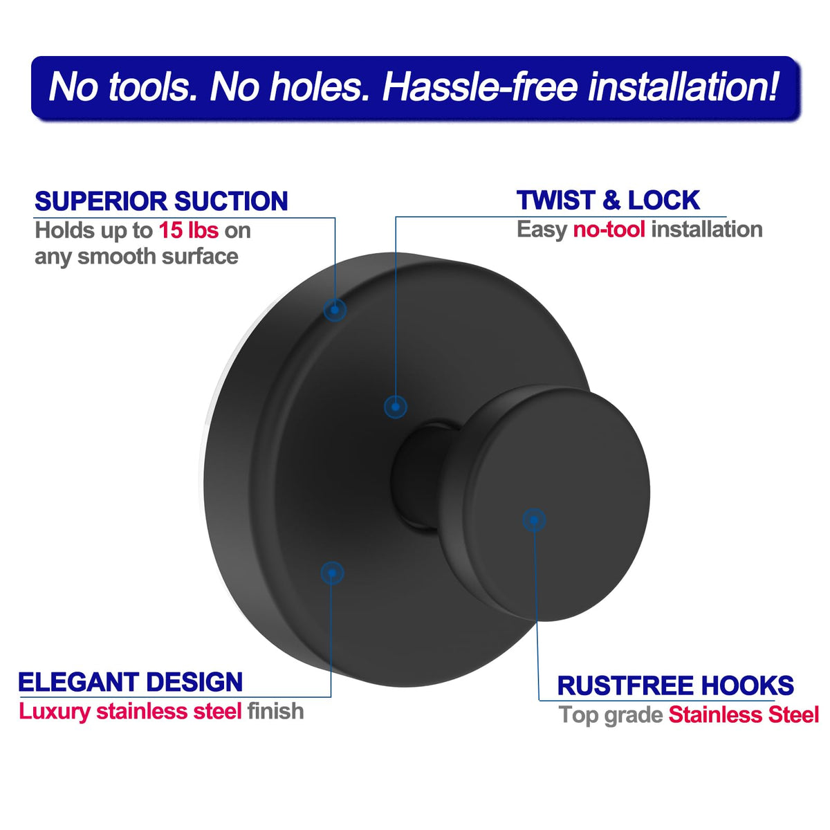 Bntuk Suction Cup Hooks for Shower – 4 Pack, Black, Removable Towel & Robe Hooks