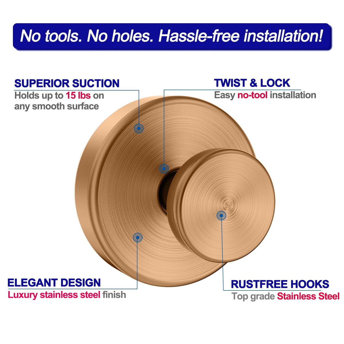 Bntuk Suction Cup Hooks for Shower – 4 Pack, Champagne Bronze, No-Drill Towel & Robe Hooks