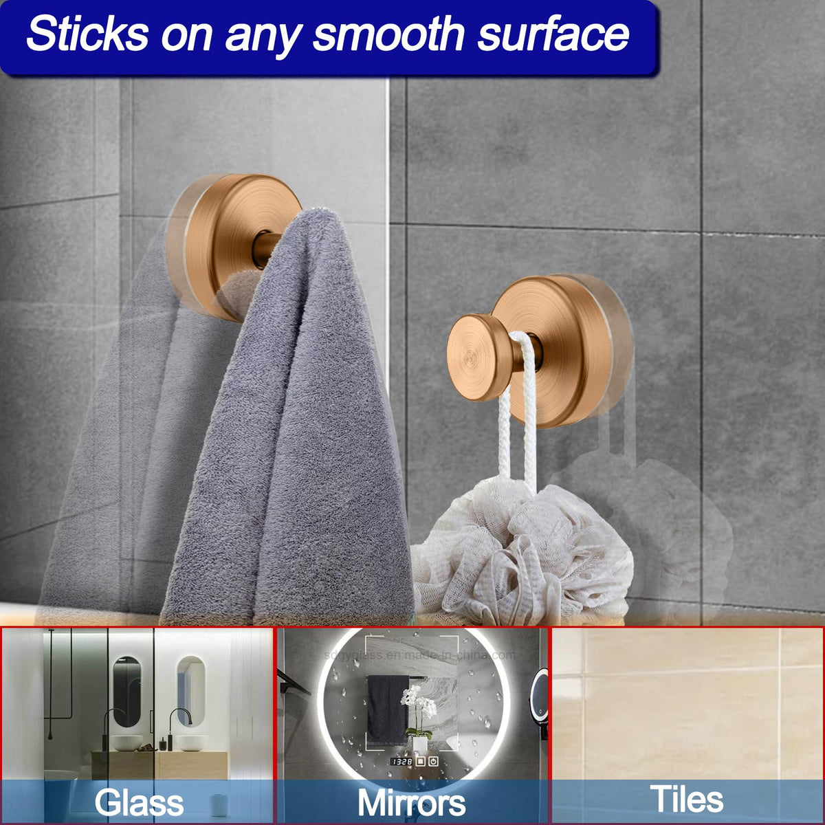 Bntuk Suction Cup Hooks for Shower – 4 Pack, Champagne Bronze, No-Drill Towel & Robe Hooks