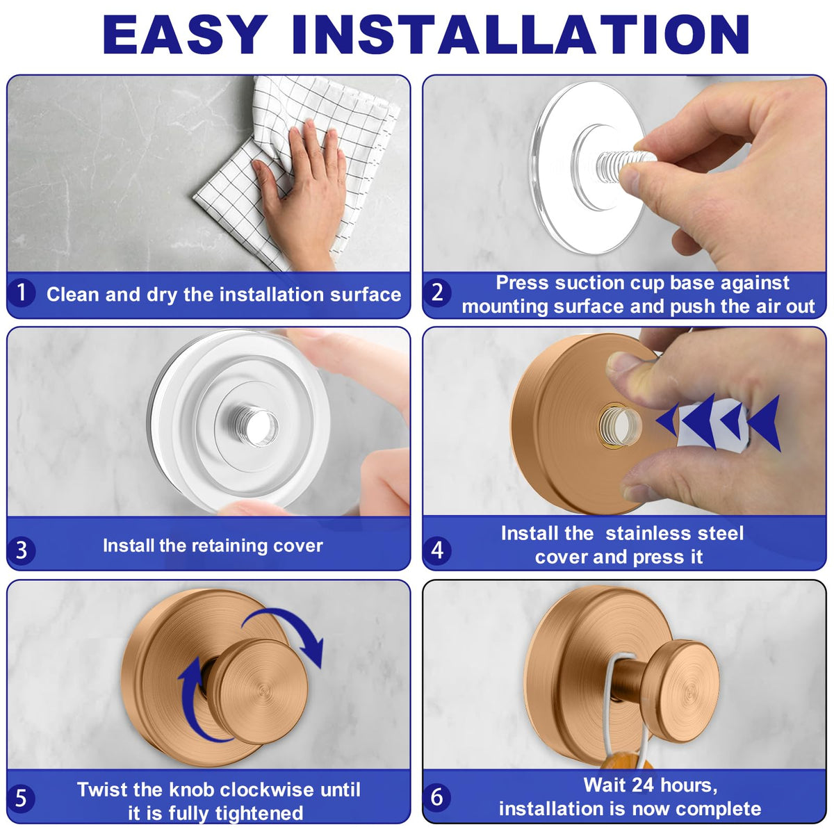 Bntuk Suction Cup Hooks for Shower – 4 Pack, Champagne Bronze, No-Drill Towel & Robe Hooks