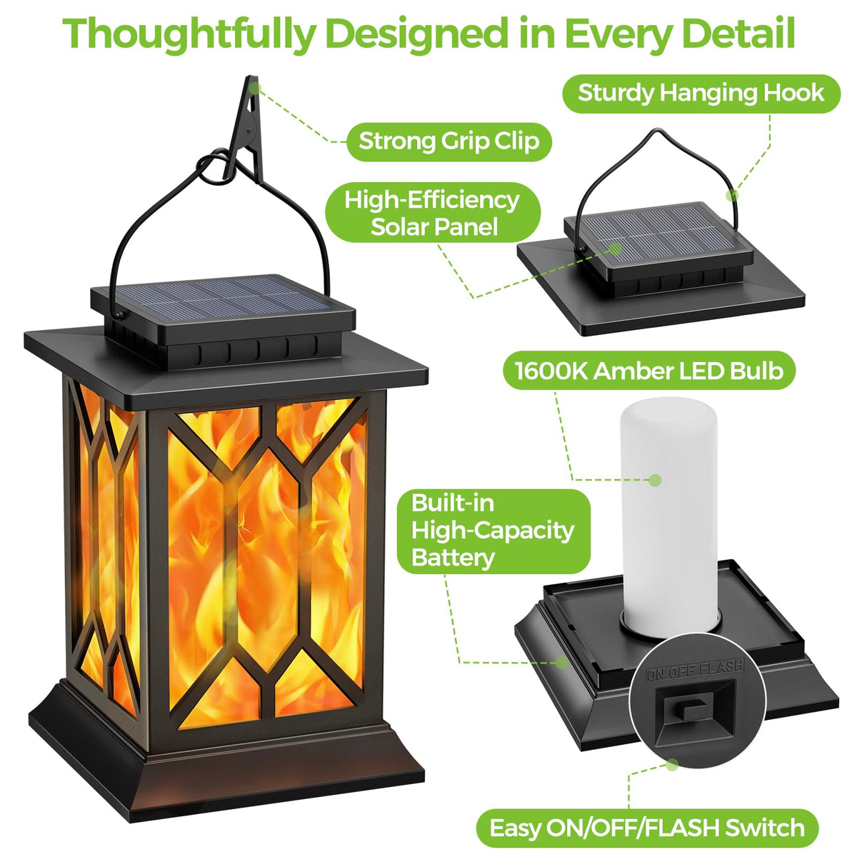 BOBKID 2 Pack Solar Lanterns Outdoor – Flickering Flame, Waterproof Hanging Lanterns