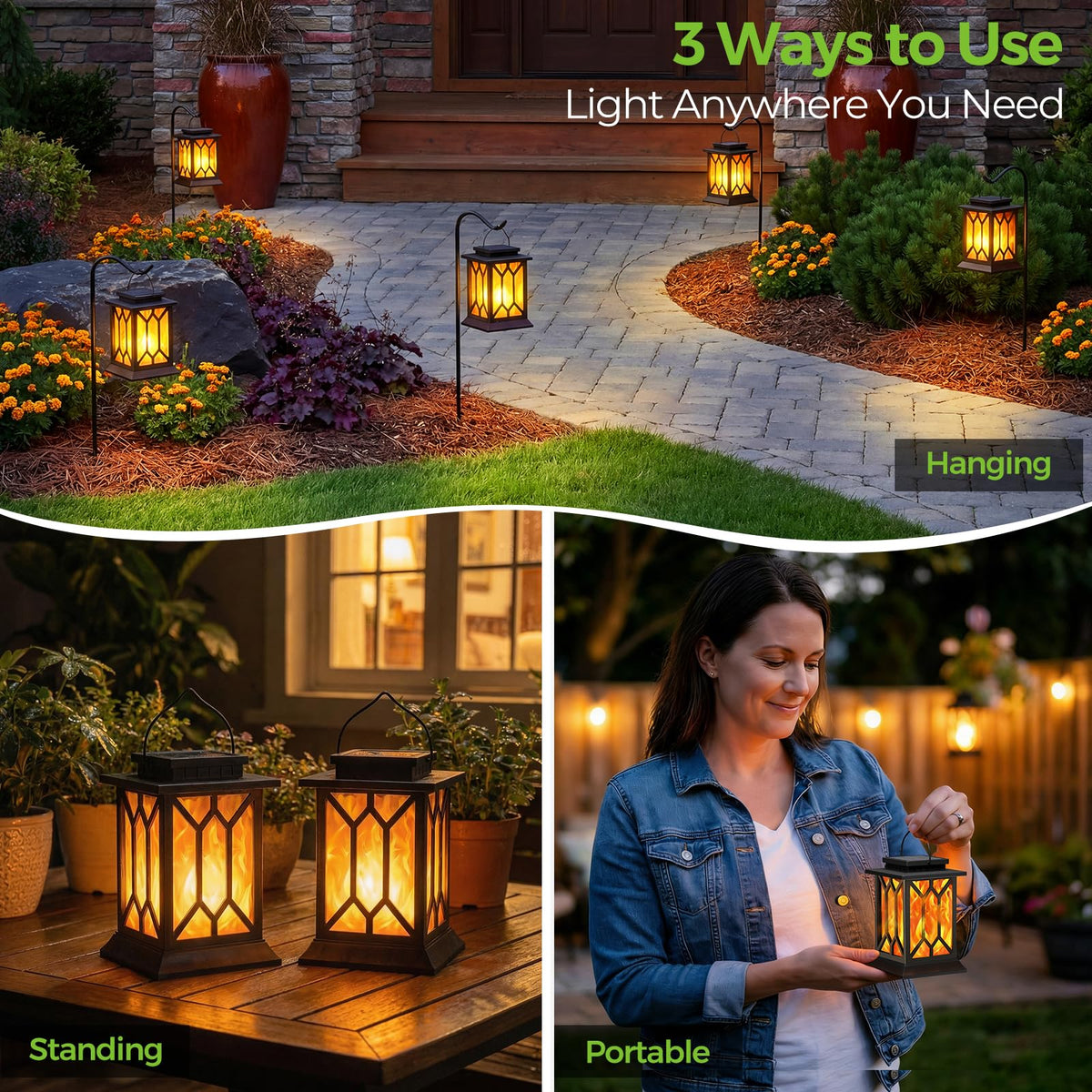 BOBKID 2 Pack Solar Lanterns Outdoor – Flickering Flame, Waterproof Hanging Lanterns
