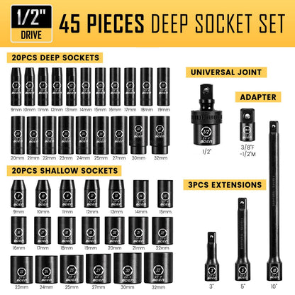 Boen 45PCS 1/2” Drive Metric Socket Set — Deep & Shallow, 6-Point, CR-V Steel, Portable Case