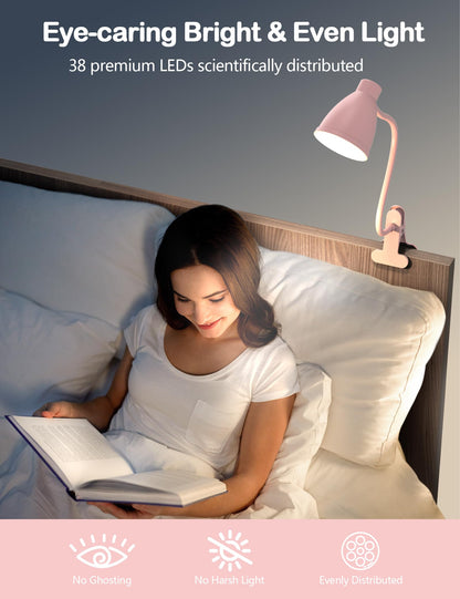 BOHON Cute Desk Lamp with Clamp - Pink Clip-On LED Light, 10W, 38 LEDs, 5 Color Temperatures, 10 Brightness Levels, Auto Off Timer