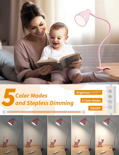 BOHON Cute Desk Lamp with Clamp - Pink Clip-On LED Light, 10W, 38 LEDs, 5 Color Temperatures, 10 Brightness Levels, Auto Off Timer