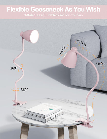 BOHON Cute Desk Lamp with Clamp - Pink Clip-On LED Light, 10W, 38 LEDs, 5 Color Temperatures, 10 Brightness Levels, Auto Off Timer