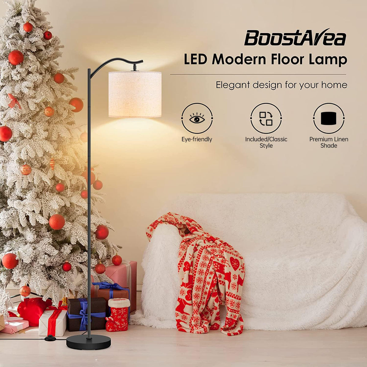 BoostArea Arched Floor Lamp with Beige Linen Shade — Footswitch, E26 Socket (Bulb Not Included)