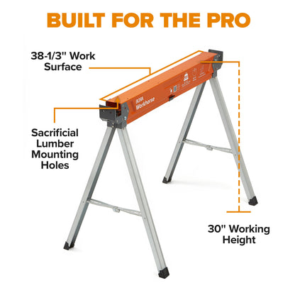 BORA Workhorse Sawhorses 2 Pack Folding Heavy-Duty Metal Sawhorse with 2x4 Bracket Built-in Bottle Opener PM-3350T