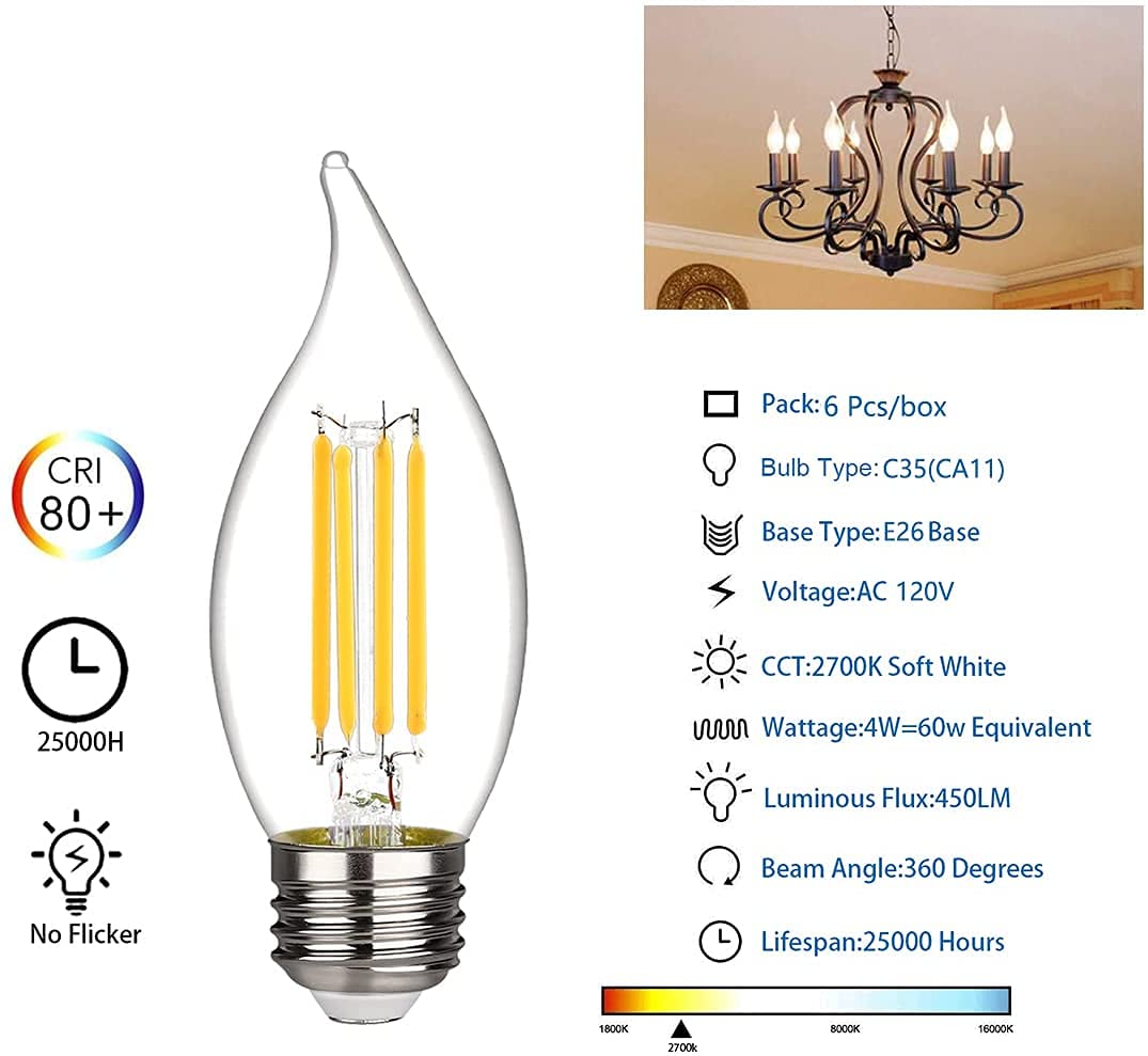 BORT C35/CA11 Chandelier LED Bulbs – Dimmable 4W, 2700K Warm White, E26 Base, Flame Tip (6 Pack)