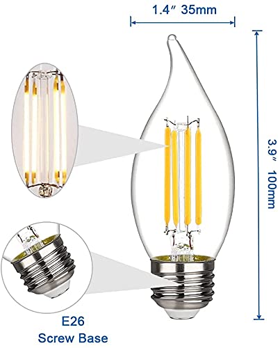 BORT C35/CA11 Chandelier LED Bulbs – Dimmable 4W, 2700K Warm White, E26 Base, Flame Tip (6 Pack)