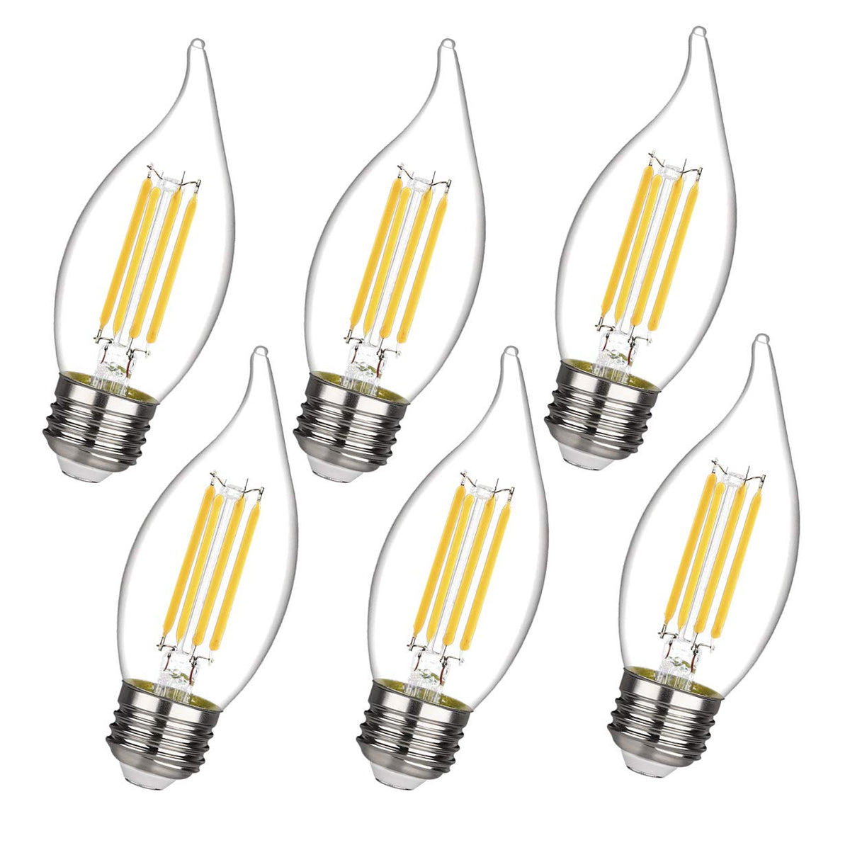 BORT C35/CA11 Chandelier LED Bulbs – Dimmable 4W, 2700K Warm White, E26 Base, Flame Tip (6 Pack)