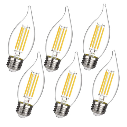 BORT C35/CA11 Chandelier LED Bulbs – Dimmable 4W, 2700K Warm White, E26 Base, Flame Tip (6 Pack)