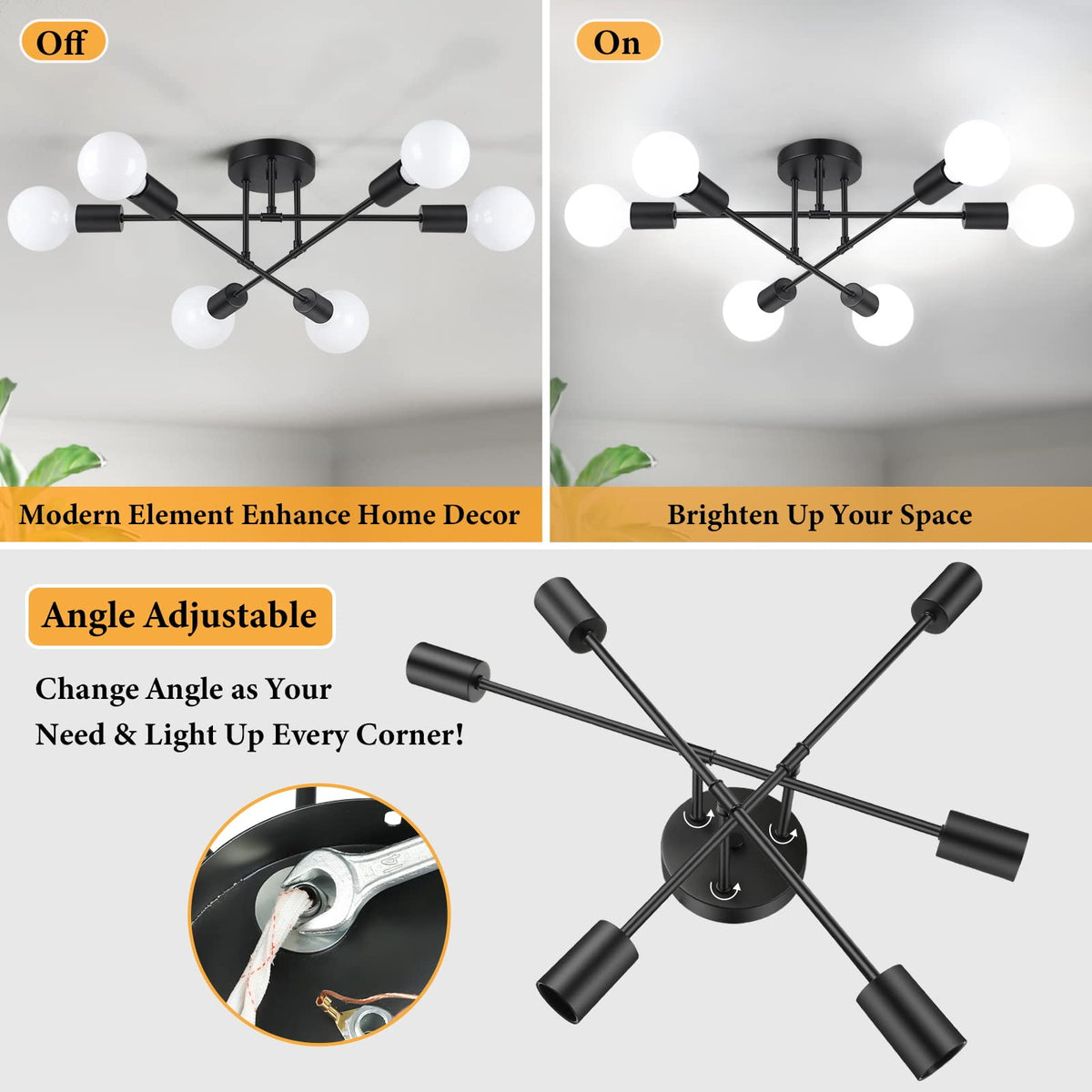 Bosceos Modern Sputnik Chandelier – 6-Light Black Semi-Flush Ceiling Light with E26 Base