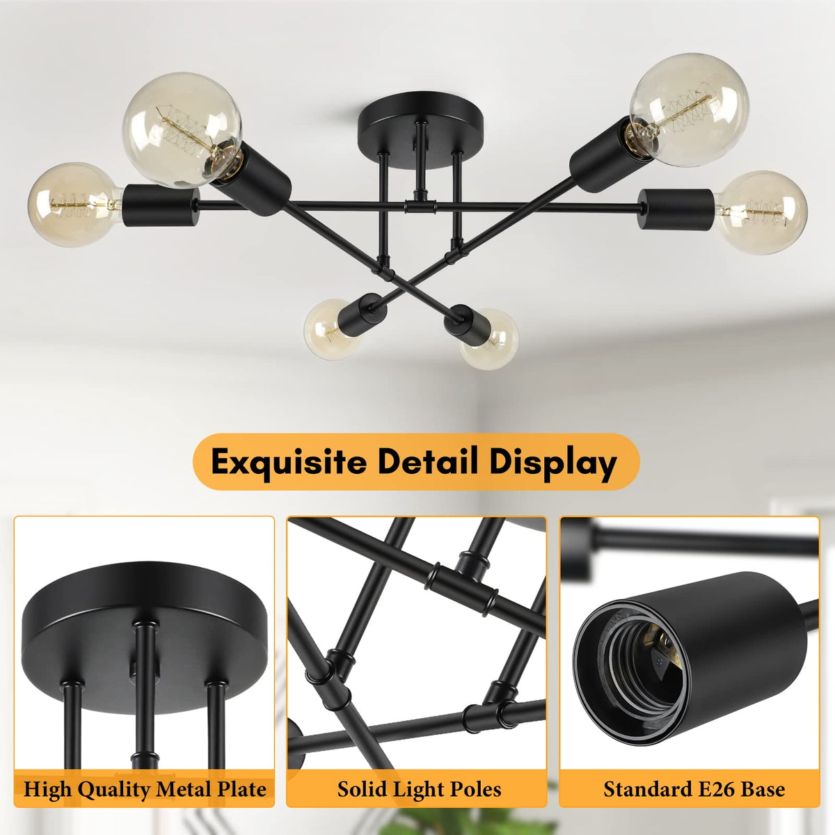 Bosceos Modern Sputnik Chandelier – 6-Light Black Semi-Flush Ceiling Light with E26 Base