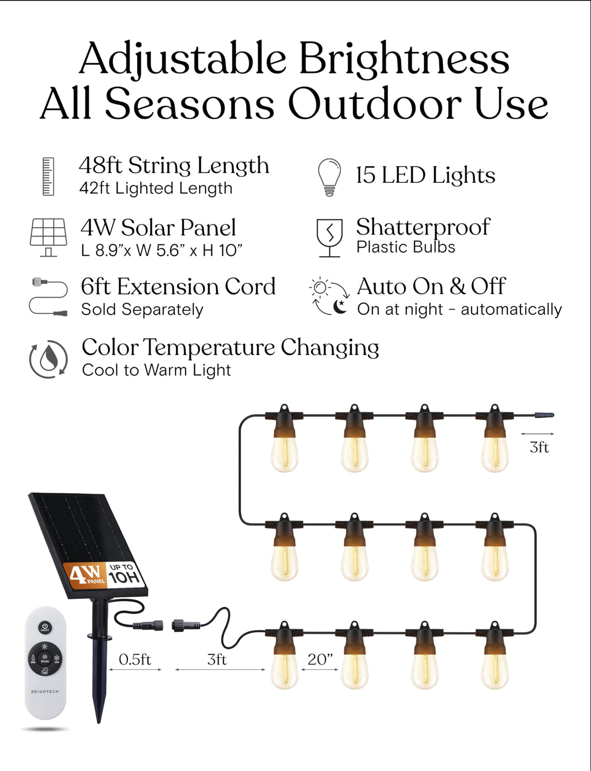 Brightech Ambience Pro 48 ft Outdoor Solar String Lights – Remote Color-Adjustable, Weatherproof